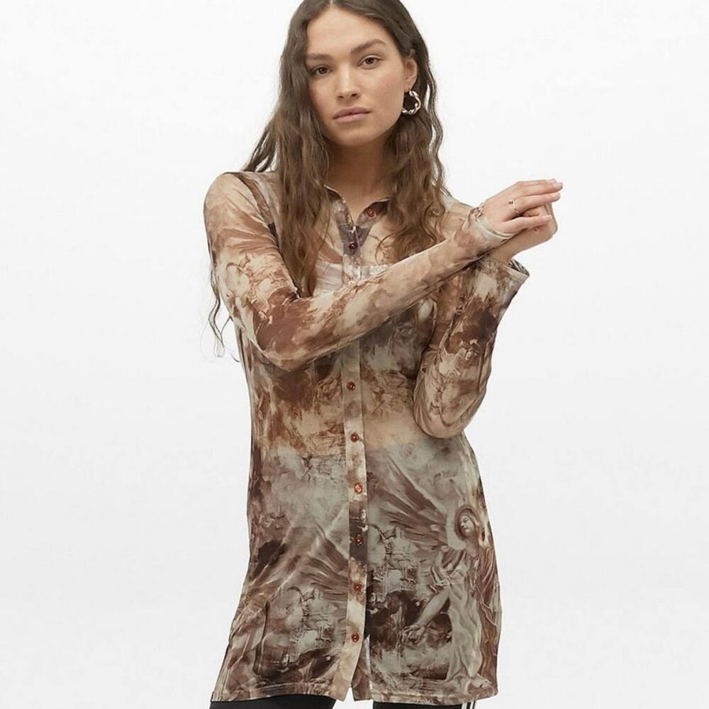 Urban Outfitters Sheer Mesh Shirt Dress XS Brown Renaissance Angel Cherub Mini